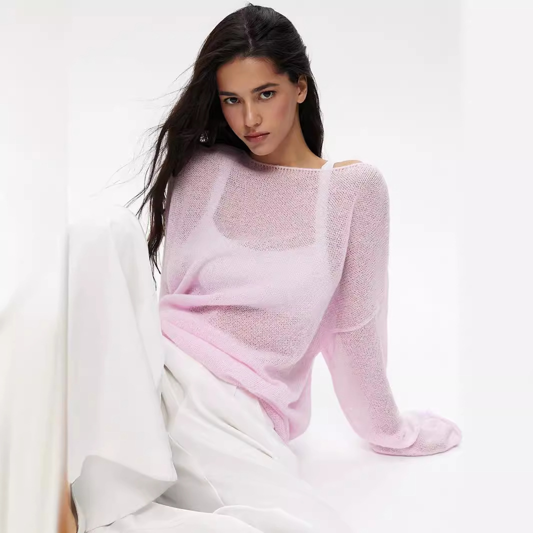 Openwork Knit Top Sheer Crewneck Flared Sleeve