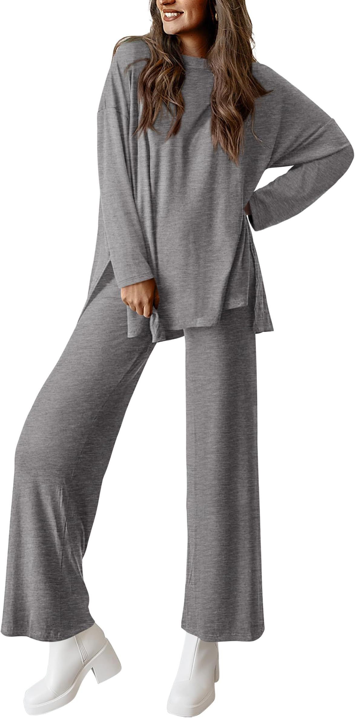Women's Solid Color Crewneck Long Sleeve Wide Leg Pants Lounge Set