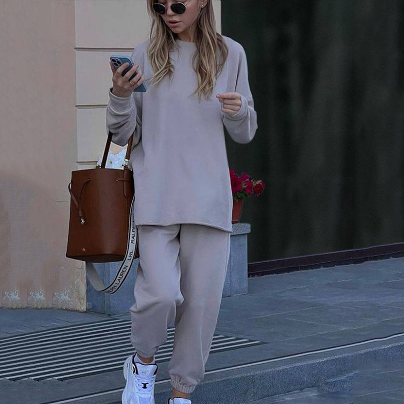 Women's Casual Solid Color Long Sleeve Top and Elastic Waist Pants Two-Piece Set
