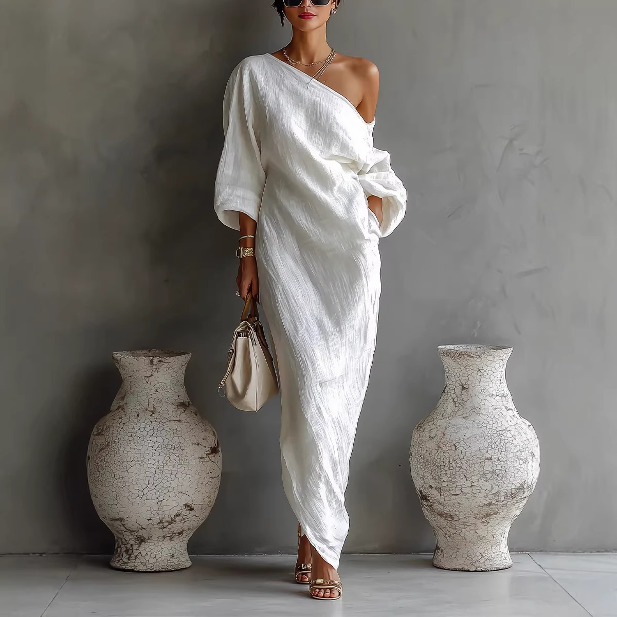 Women's Asymmetric One-Shoulder Long Dress with Pleated Detail