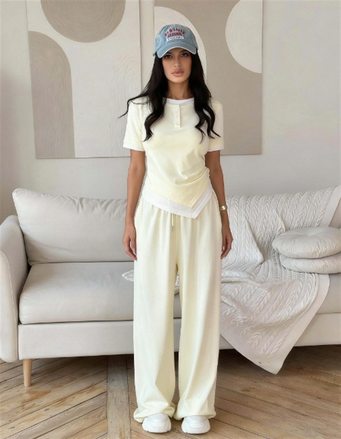Women's Solid Color Long Sleeve Faux Two-Piece T-Shirt and Pants Set