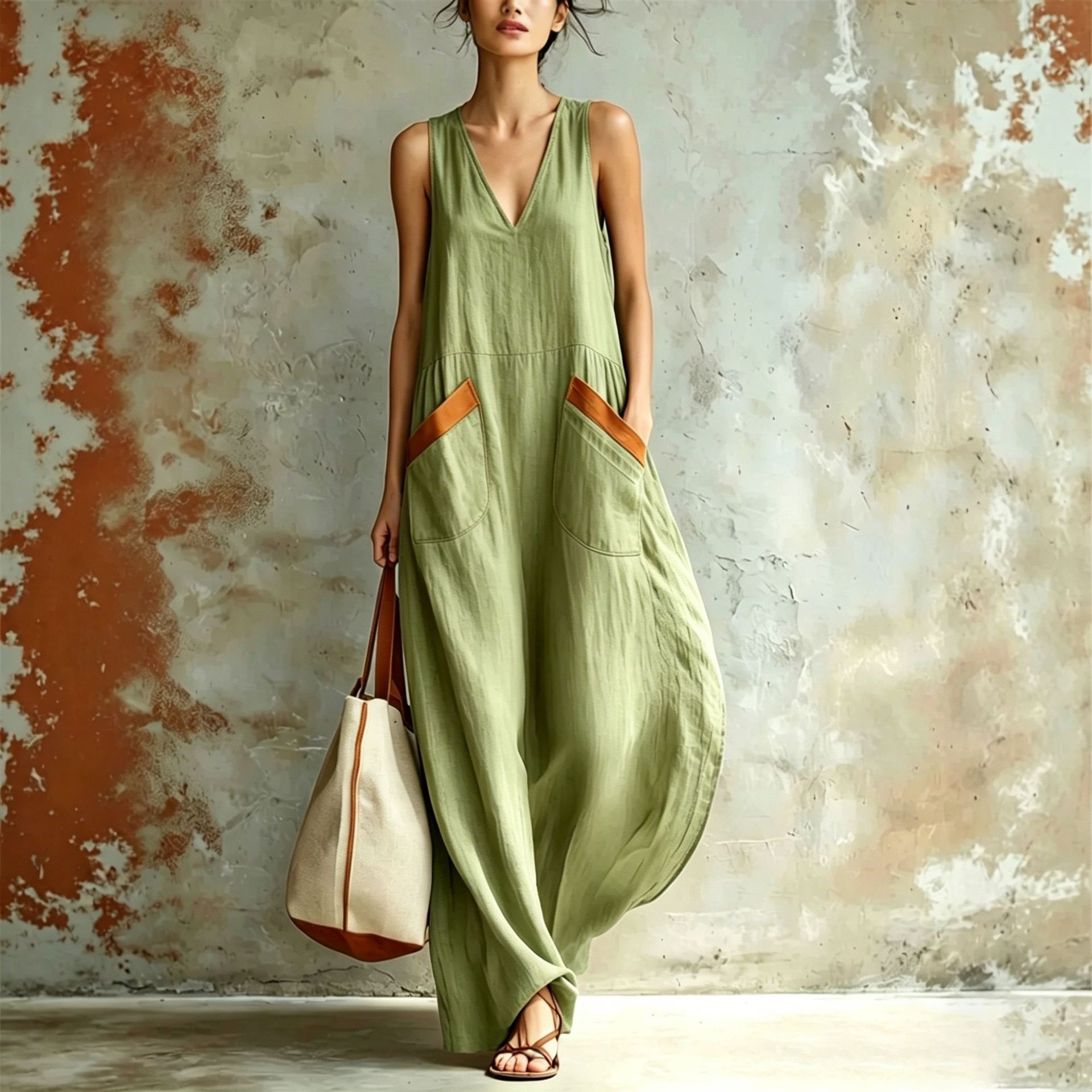 V-Neck Loose Lightweight Sleeveless Maxi Dress