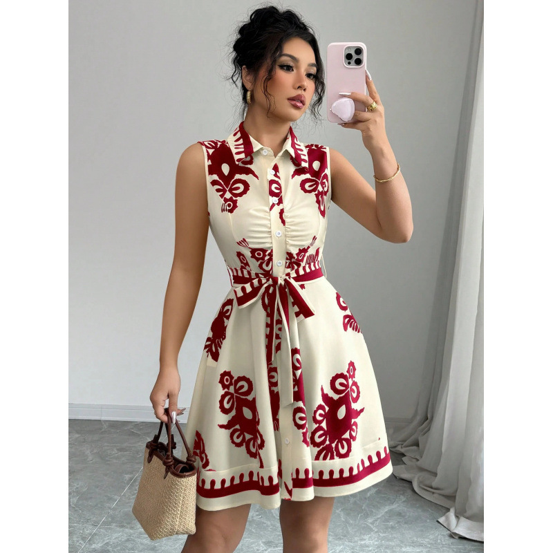 Tie-Waist Floral Print Sleeveless Dress