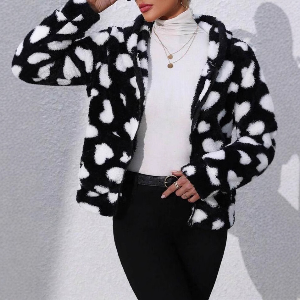 Women's Fuzzy Fleece Zip-Up Hooded Jacket with Geometric Print