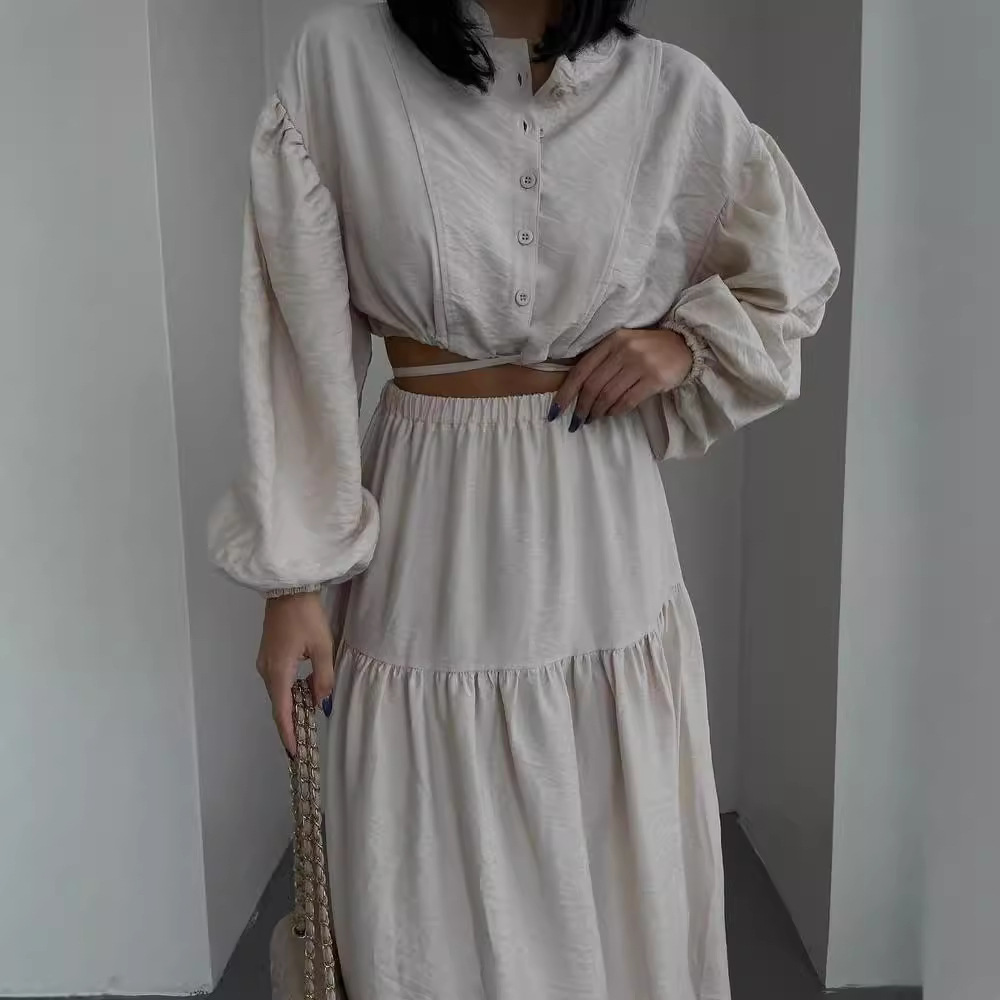 Tie-Front Long-Sleeve Top and Pleated Slit Midi Skirt Set
