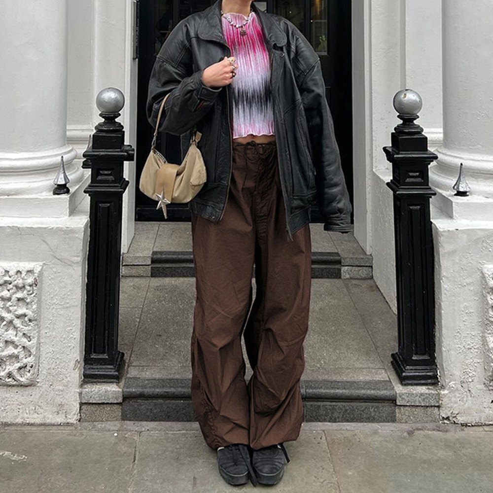 Women's Low-Rise Wide-Leg Cargo Pants with Drawstring