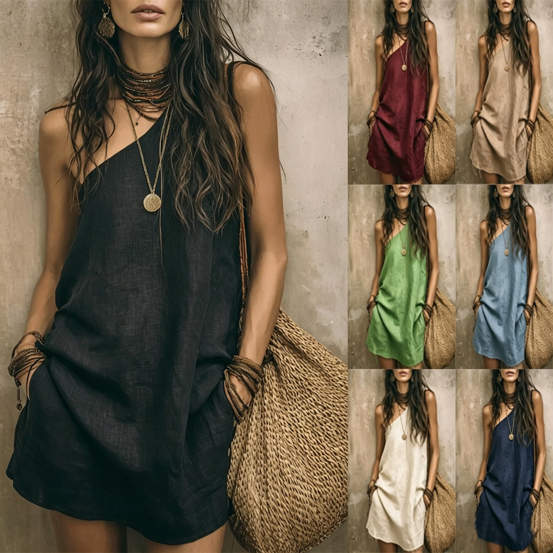 Women's Sleeveless Cotton-Linen Blend A-Line Dress with Pockets