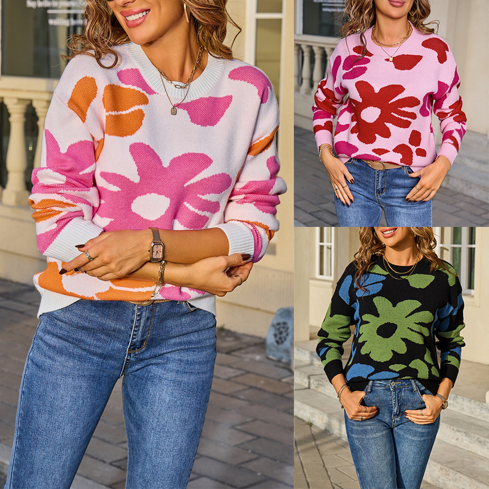 Women's Floral Print Crewneck Pullover Knit Sweater