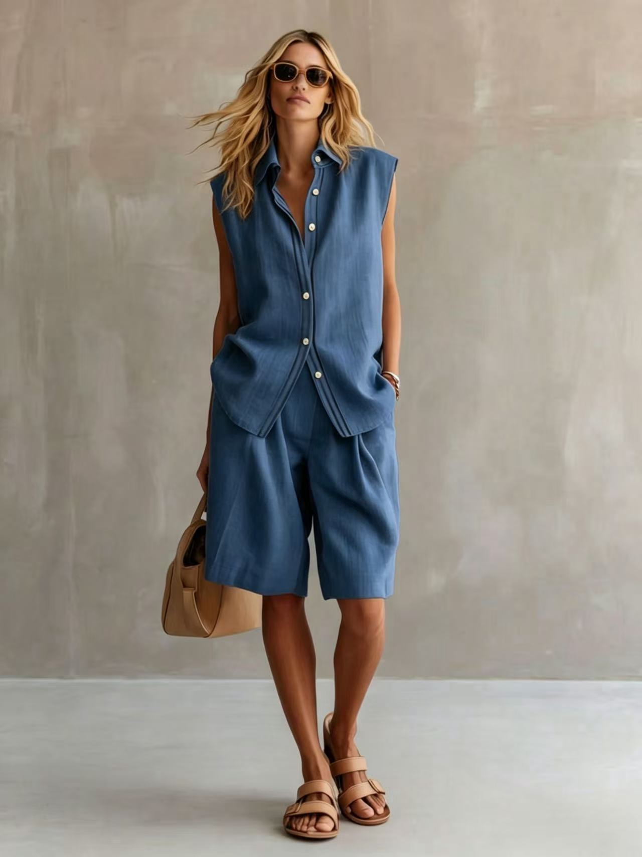 Women's Sleeveless Linen Shirt and Shorts Set Single-Breasted Solid Color