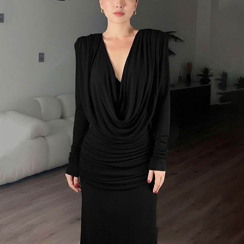 Women's Elegant Solid Color Long Dress V-Neck Long Sleeve High Waist A-Line