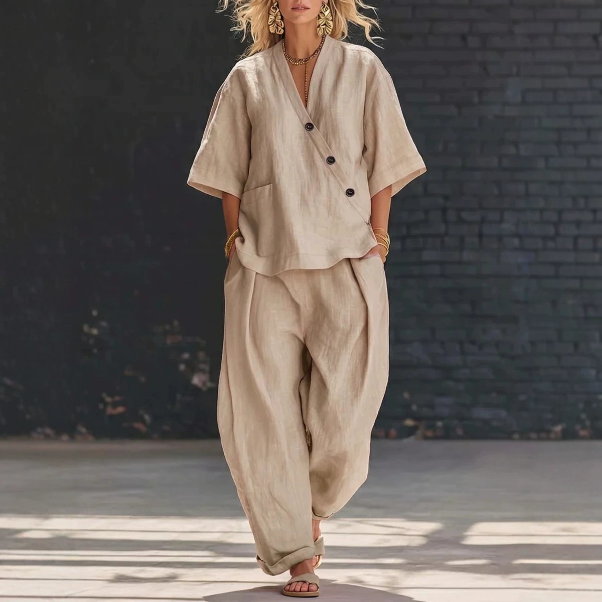 V-Neck Short Sleeve Top and High-Waist Pants Two-Piece Set