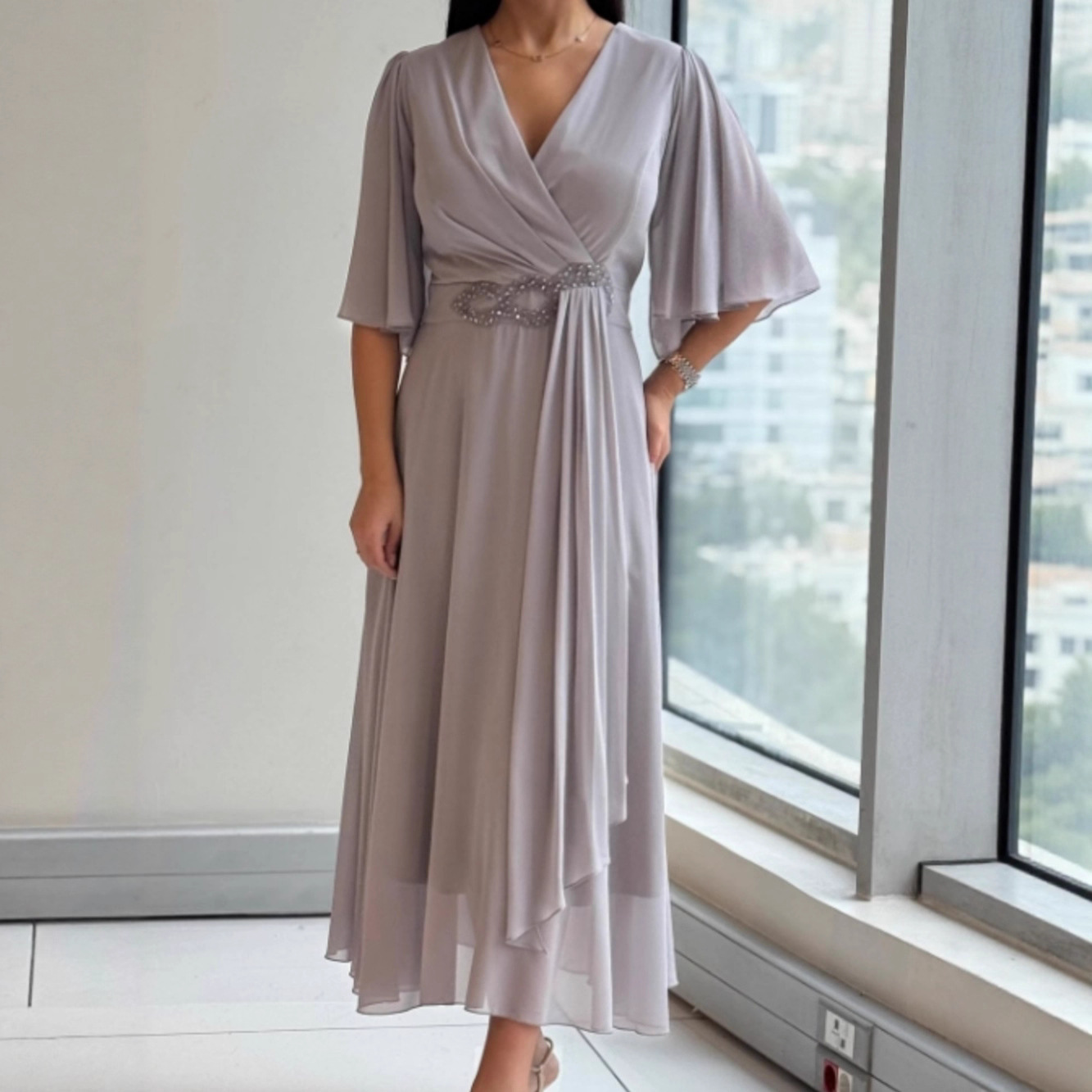 Solid V-Neck Long Sleeve Maxi Dress