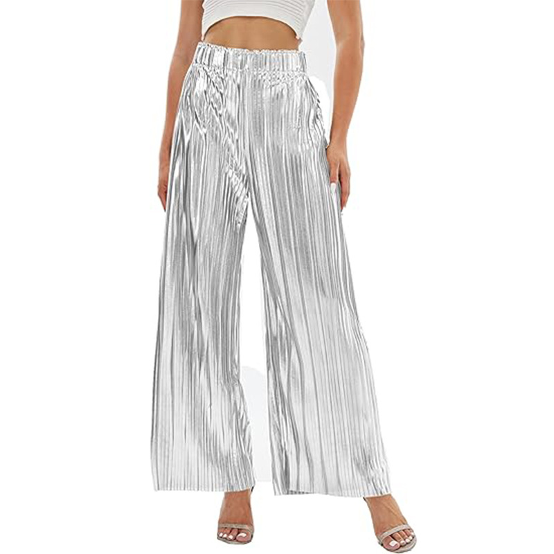 Shiny Pleated High-Waist Wide-Leg Party Pants
