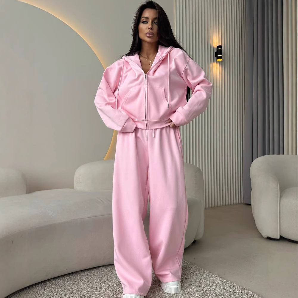 Cotton Blend Long Sleeve Zip Hoodie and Drawstring Pants Two-Piece Set