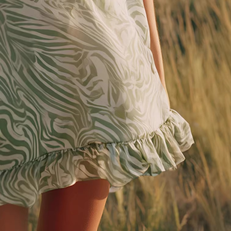 Western Vintage Green Zebra Print Ruffle V-Neck Cami Mini Dress
