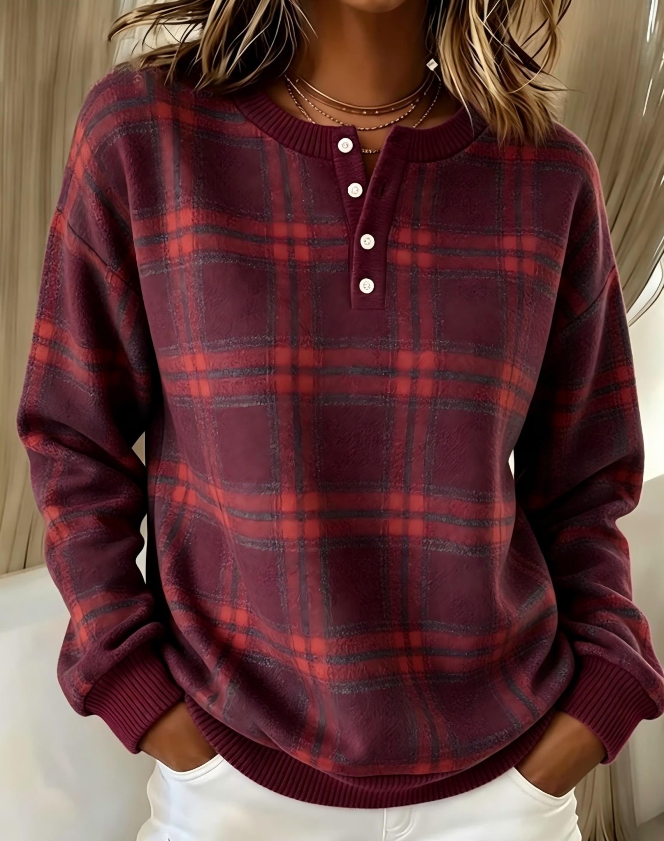 Women's Retro Plaid Line Print Button Sweatshirt