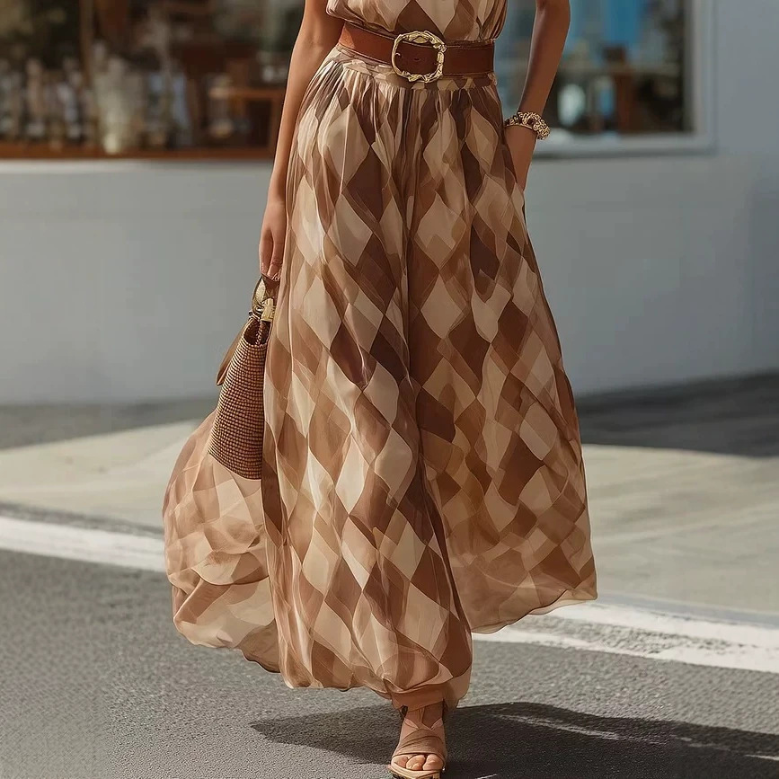 Retro Brown Argyle Halter Sleeveless Dress with Belt