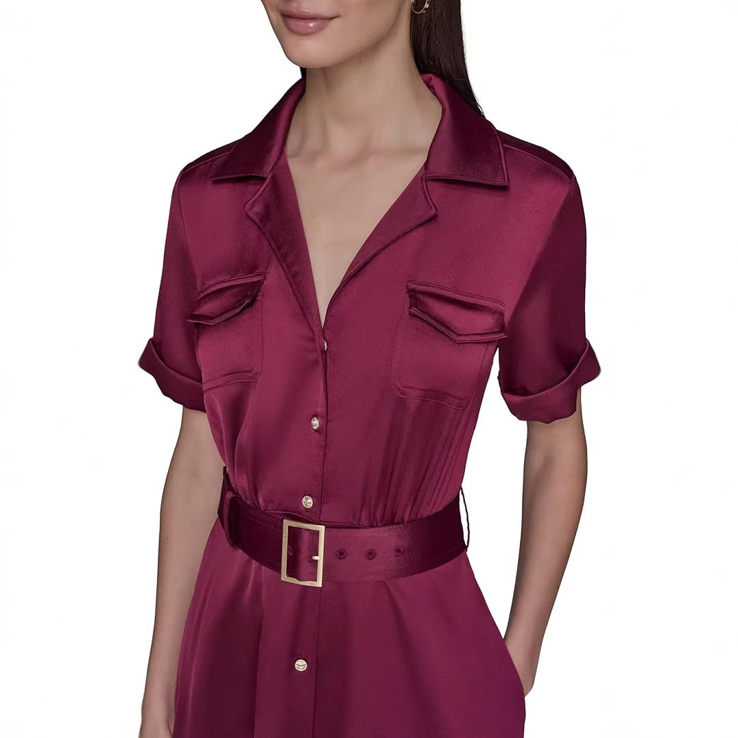 Polo Collar Short Sleeve Button Front Midi Dress