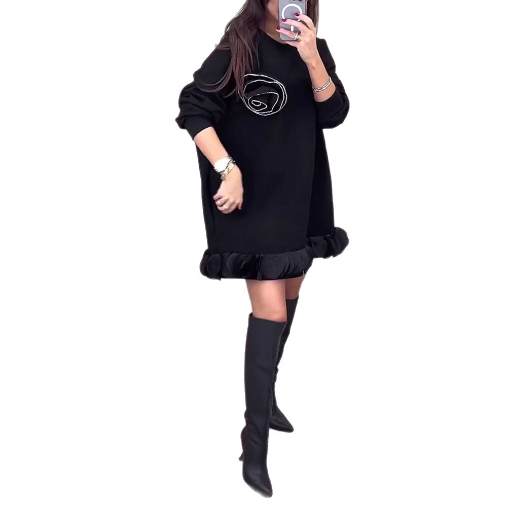 Women's Floral Beaded Ruffle Sweatshirt Dress Loose Fit