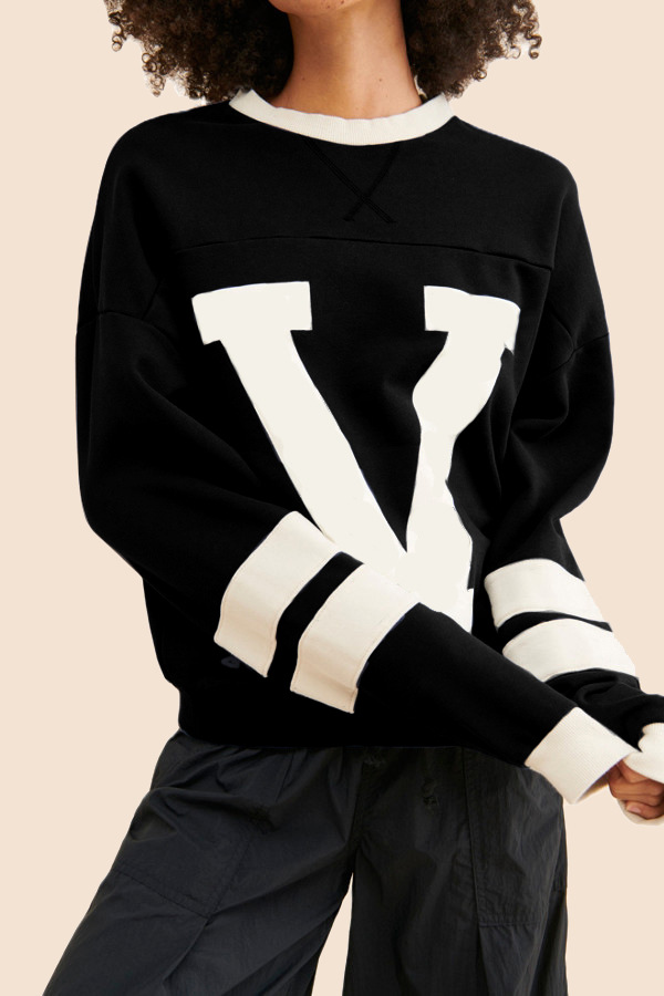 Women's American Street Colorblock Letter Print Loose Pullover Sweatshirt