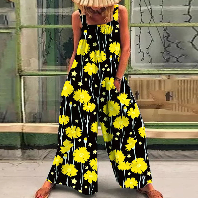 Plus Size Floral Print Loose Wide-Leg Jumpsuit with Straps