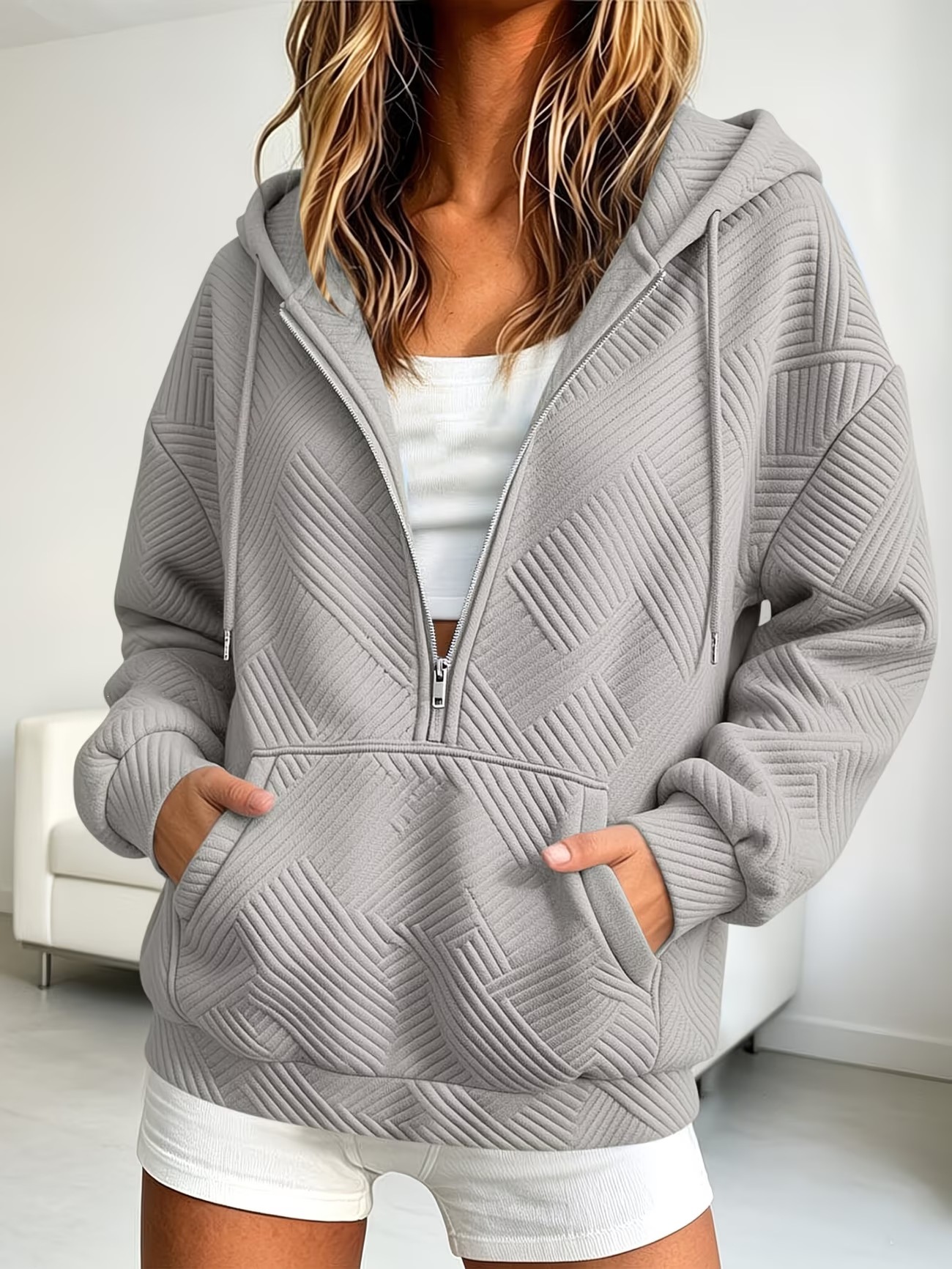 Women's Hooded Drawstring Zip Pocket Loose Sweatshirt