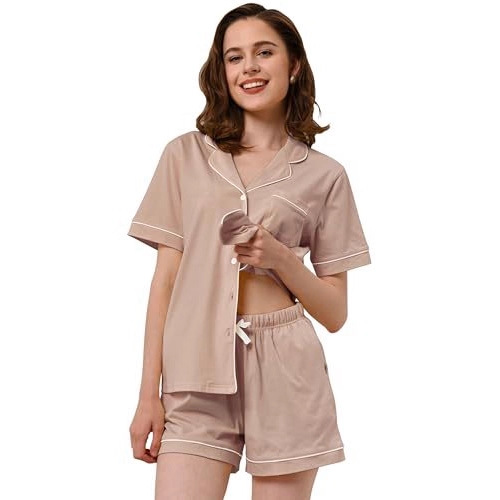 Women's Cuban Collar Short Sleeve Button Lounge Set