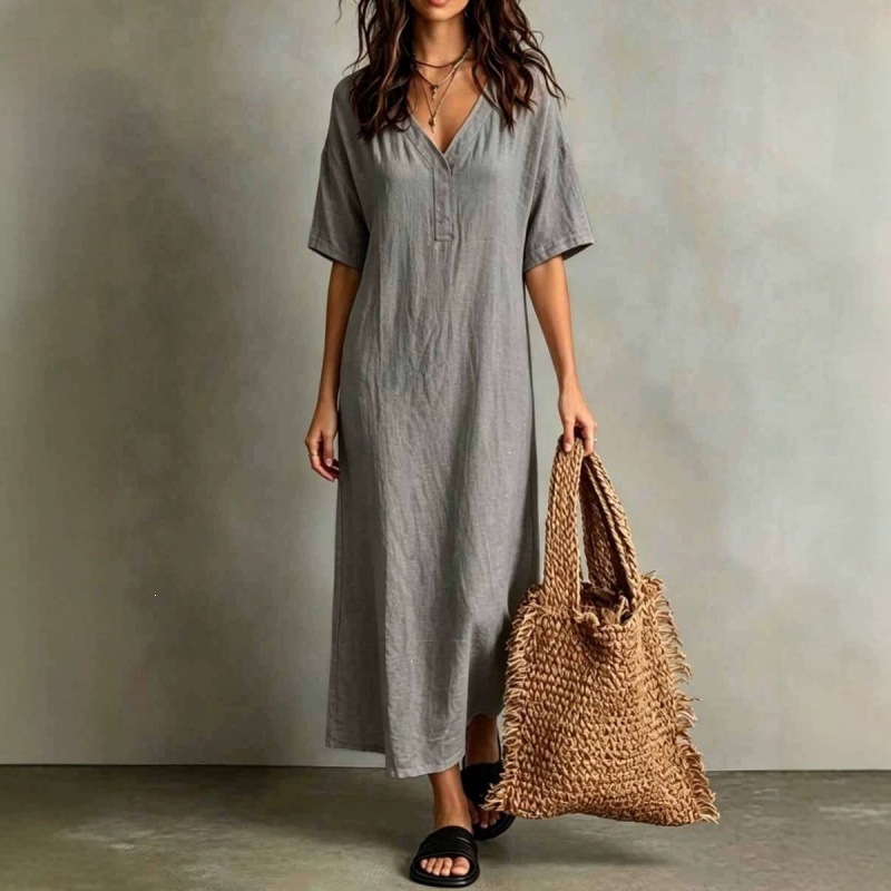 Boho Cotton-Linen Loose A-Line Maxi Dress with V-Neck and Short Sleeves