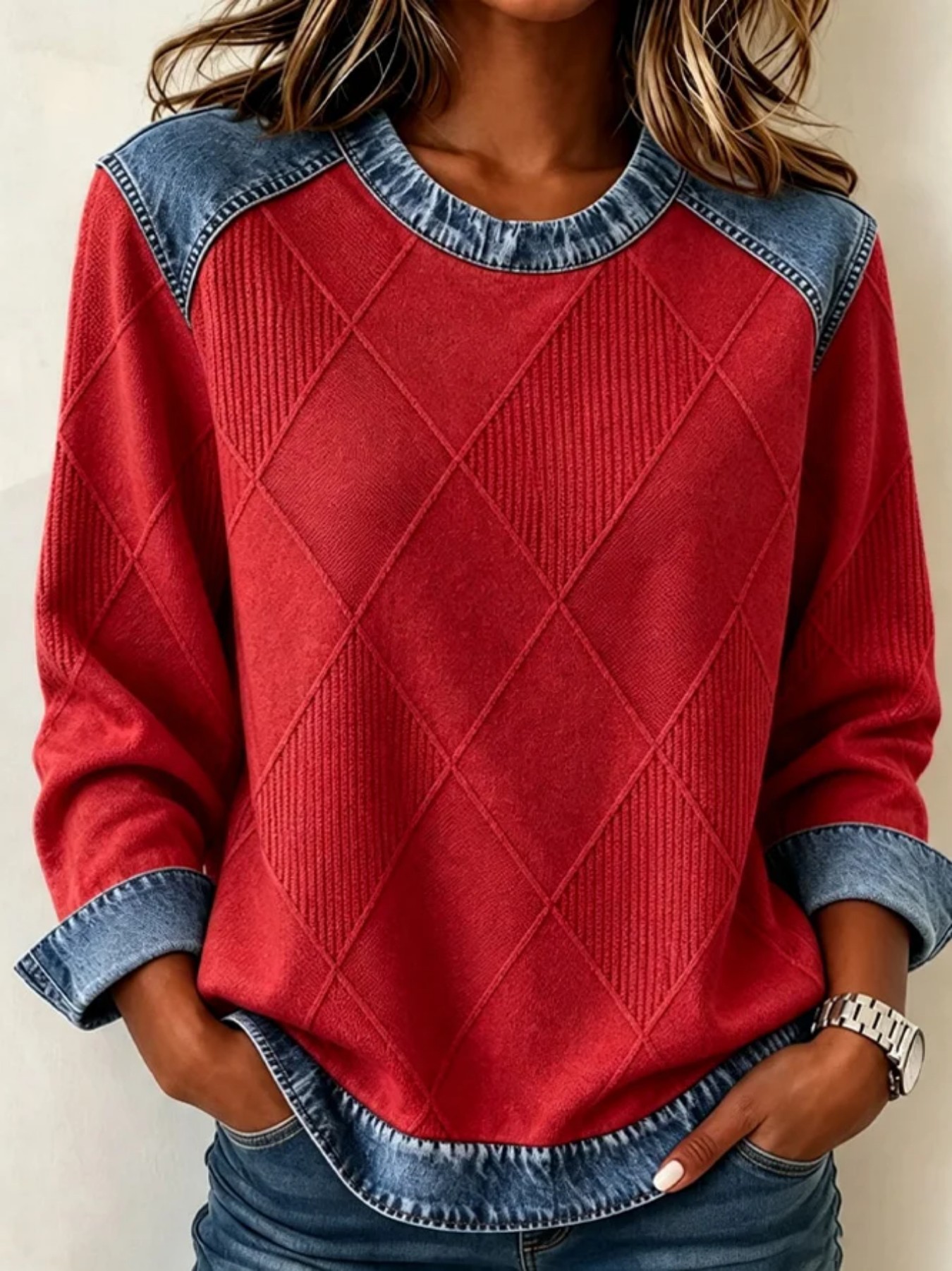 Women's Plaid Line Diamond Print Casual Sweatshirt