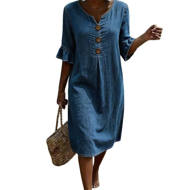 Women's Floral Print Three-Button Midi Dress