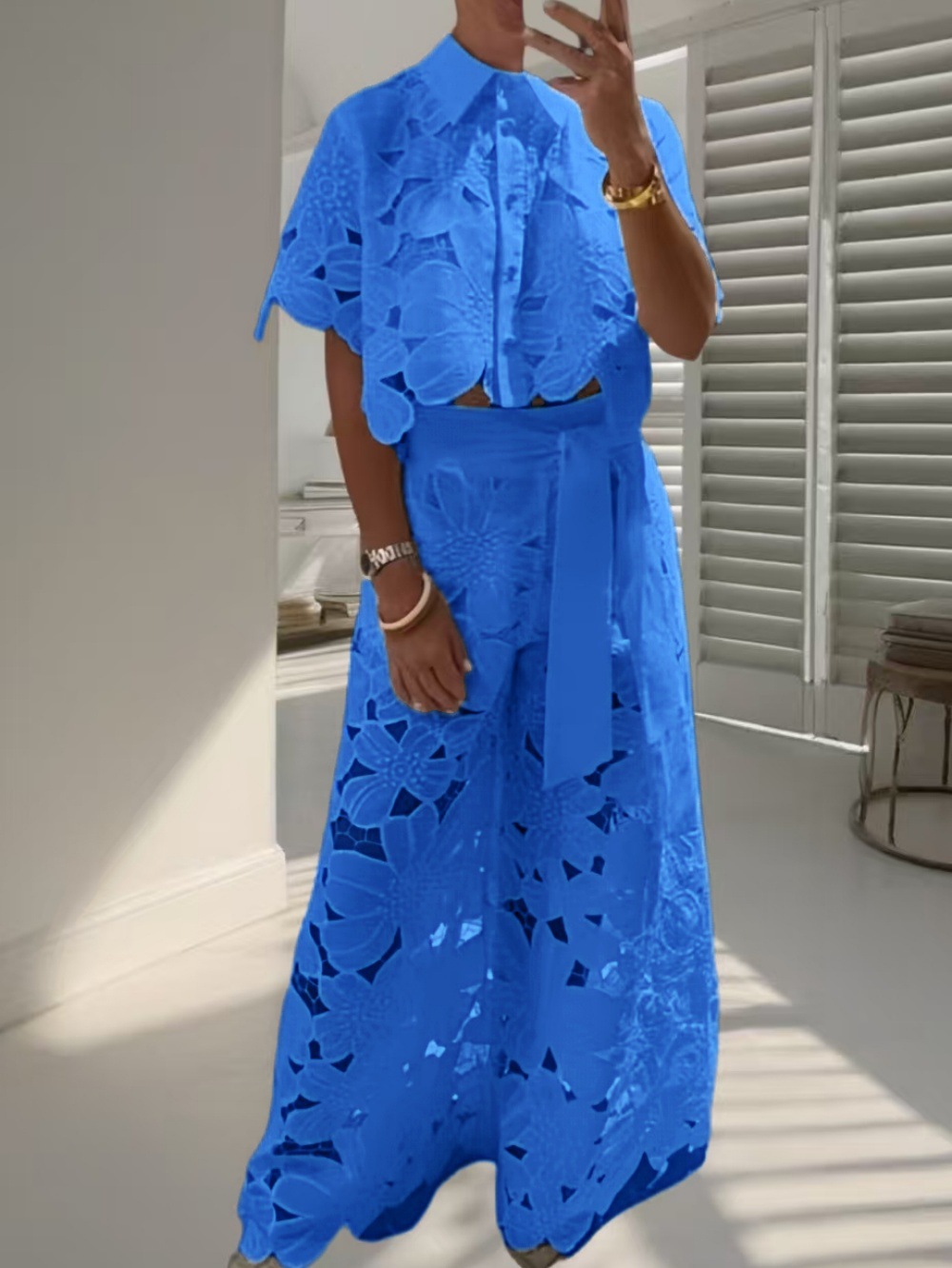 Women's Solid Color Cutout Cardigan and Wide-Leg Pants Two-Piece Set