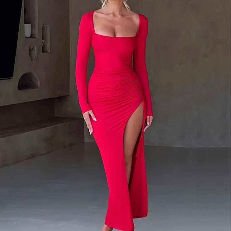 Women's High-Waist Ruched Slit Bodycon Dress