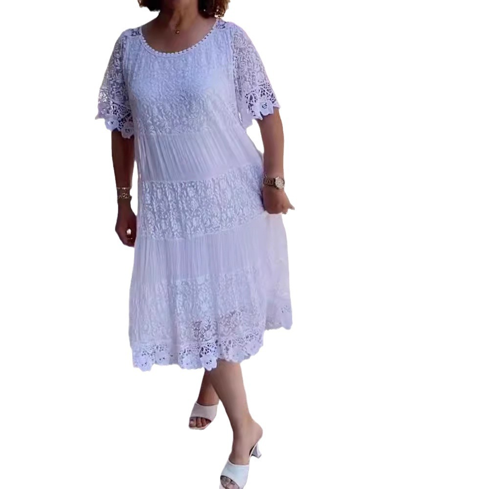 Women's Solid Color Hollow-Out Round Neck Short Sleeve Dress
