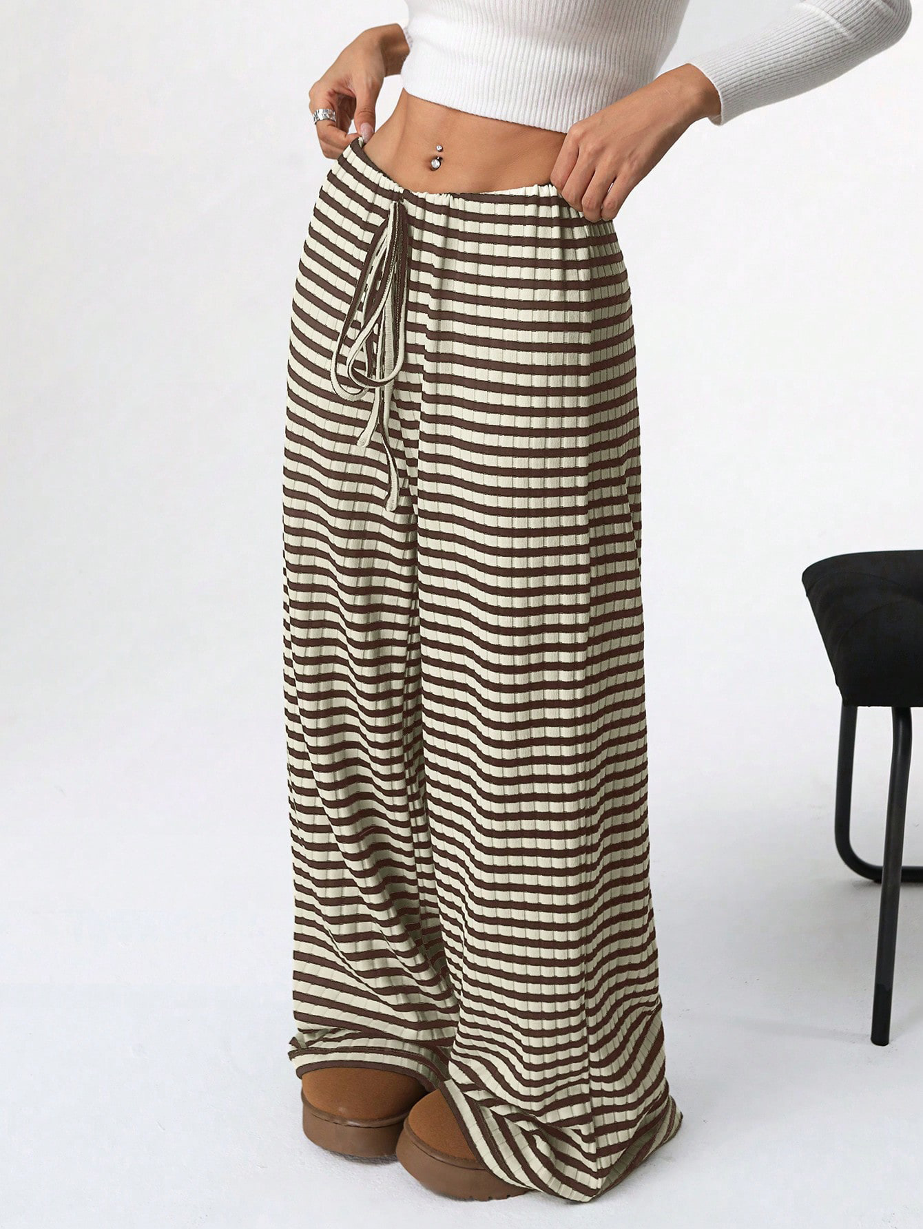 Women's Striped & Solid Cotton Straight-Leg Pants with Elastic Drawstring Waist