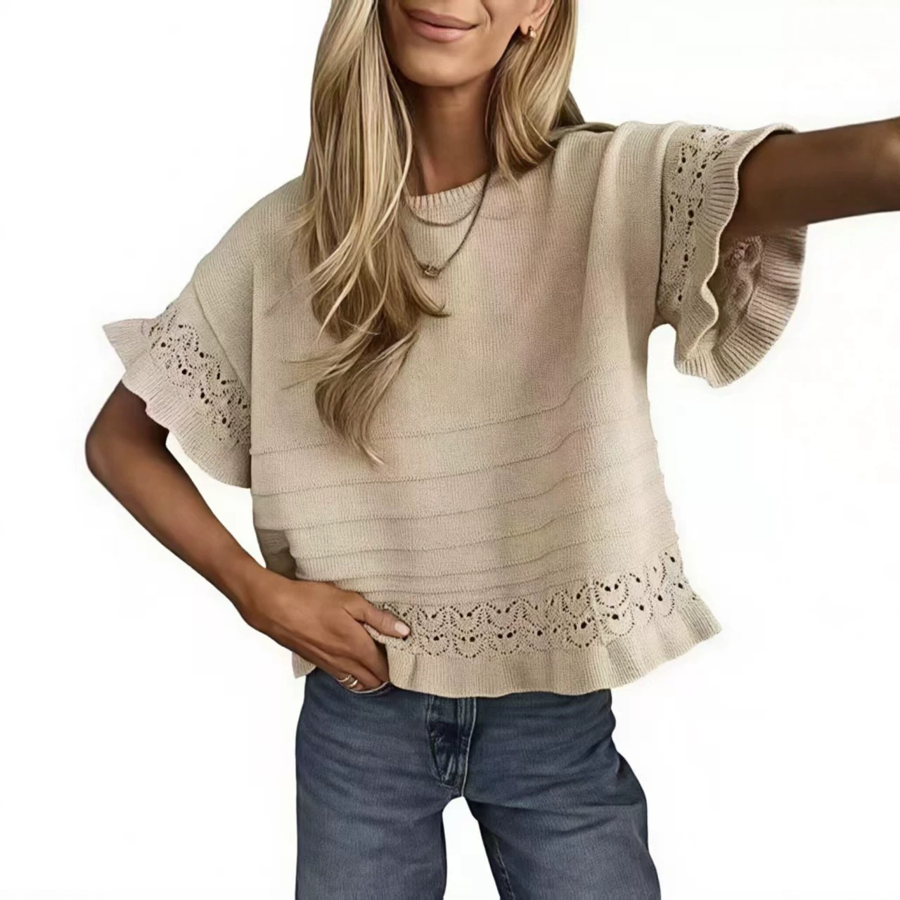 Women's Round Neck Hollow-Out Knit Short Sleeve Ruffle Loose Sweater