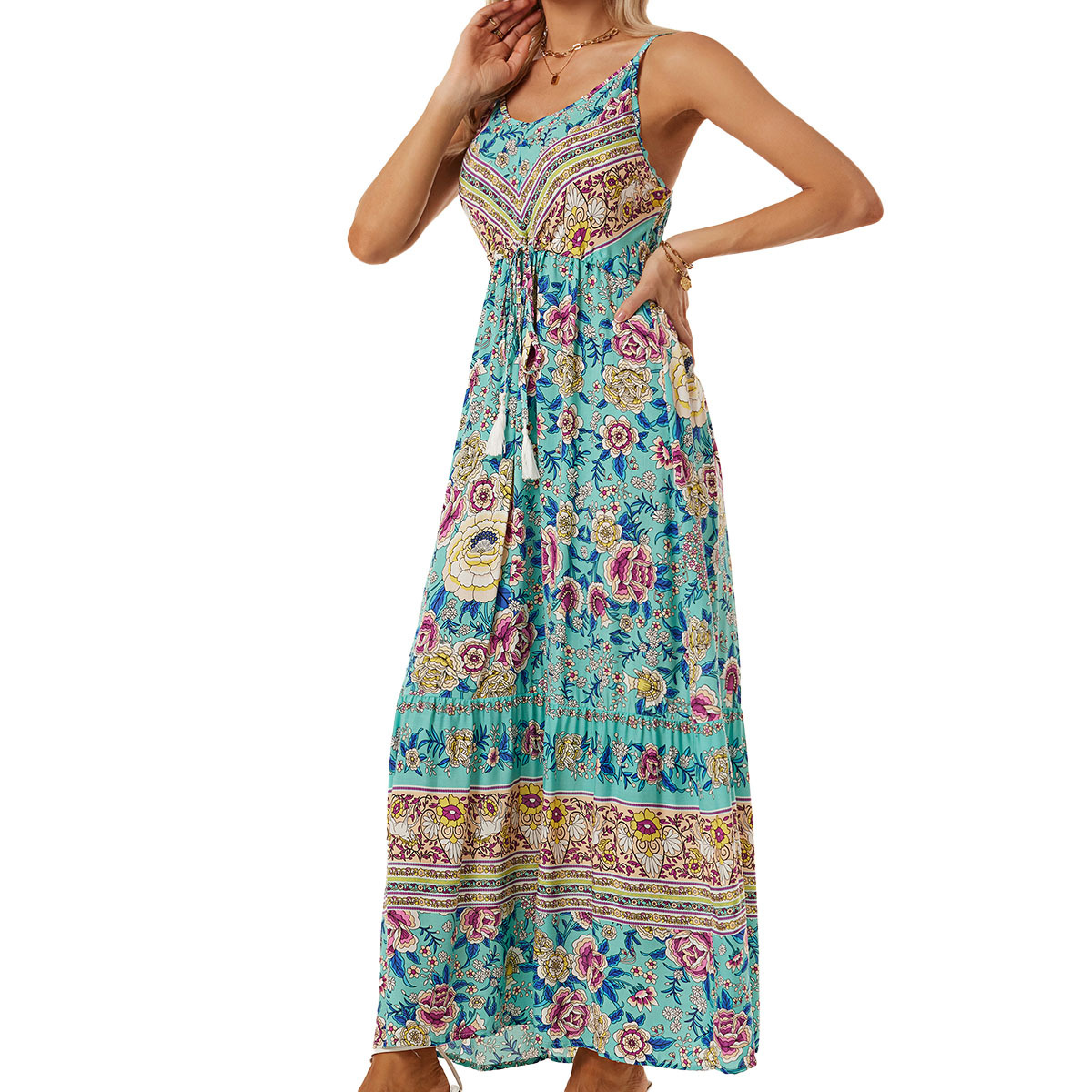 Bohemian Floral Print Sleeveless V-Neck Maxi Dress with Tassels