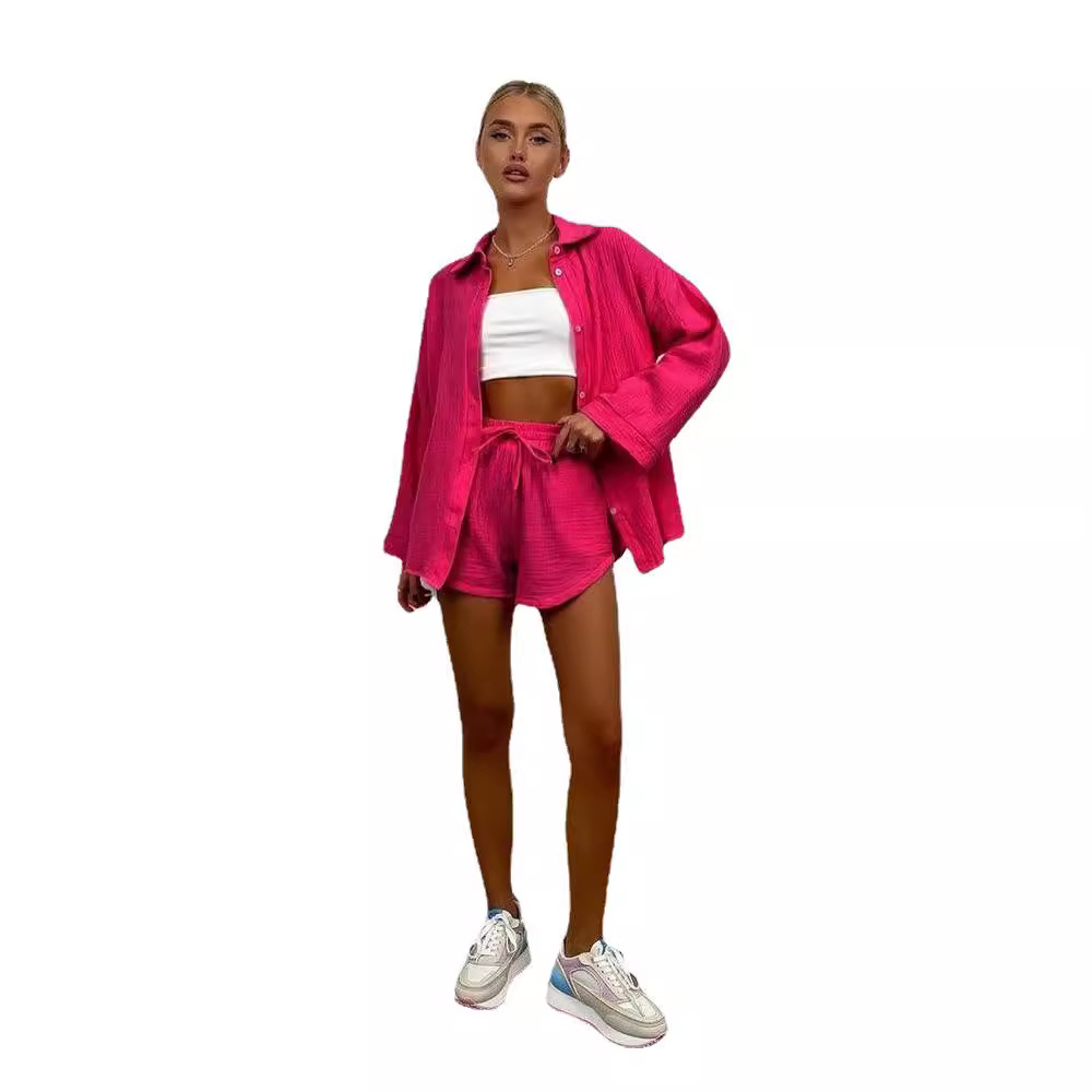 Women's Long Sleeve Button-Down Shirt and Shorts Set