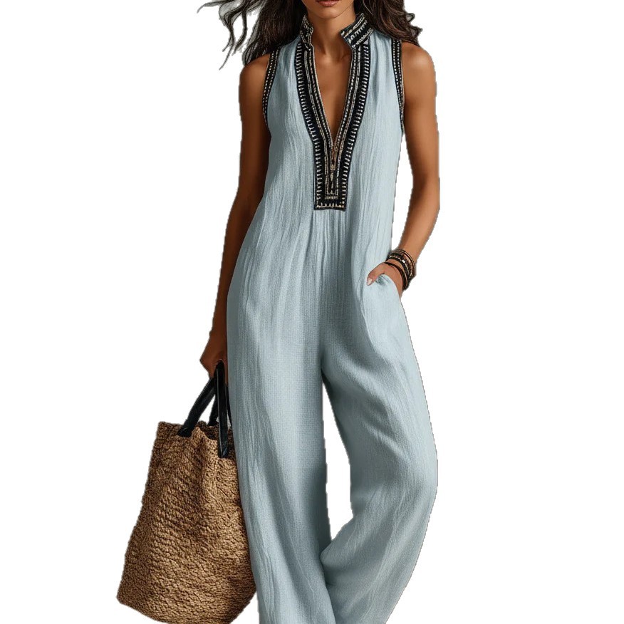Women's Sleeveless Linen-Blend Wide-Leg Jumpsuit with Zip Stand Collar Embroidery