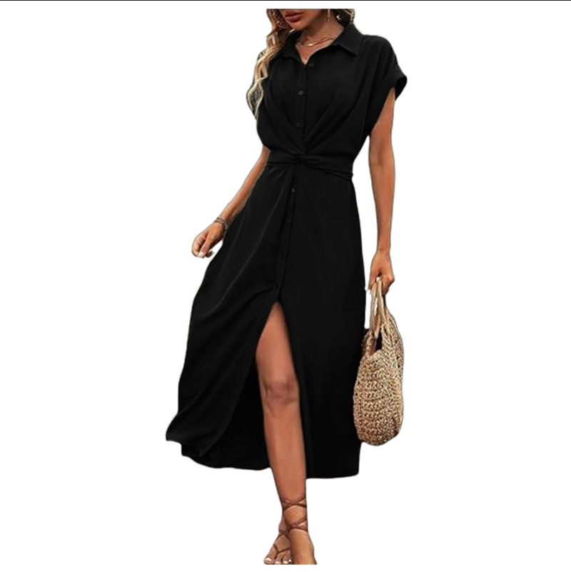 Women's Tie-Waist A-Line Midi Dress Short Sleeve Solid Color