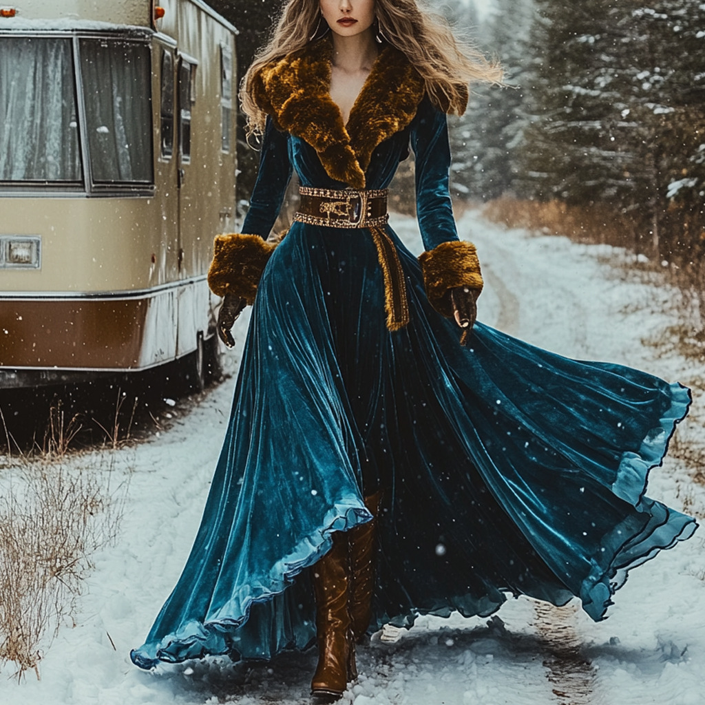 Women's Long Sleeve Long Velvet Dress with Faux Fur Collar
