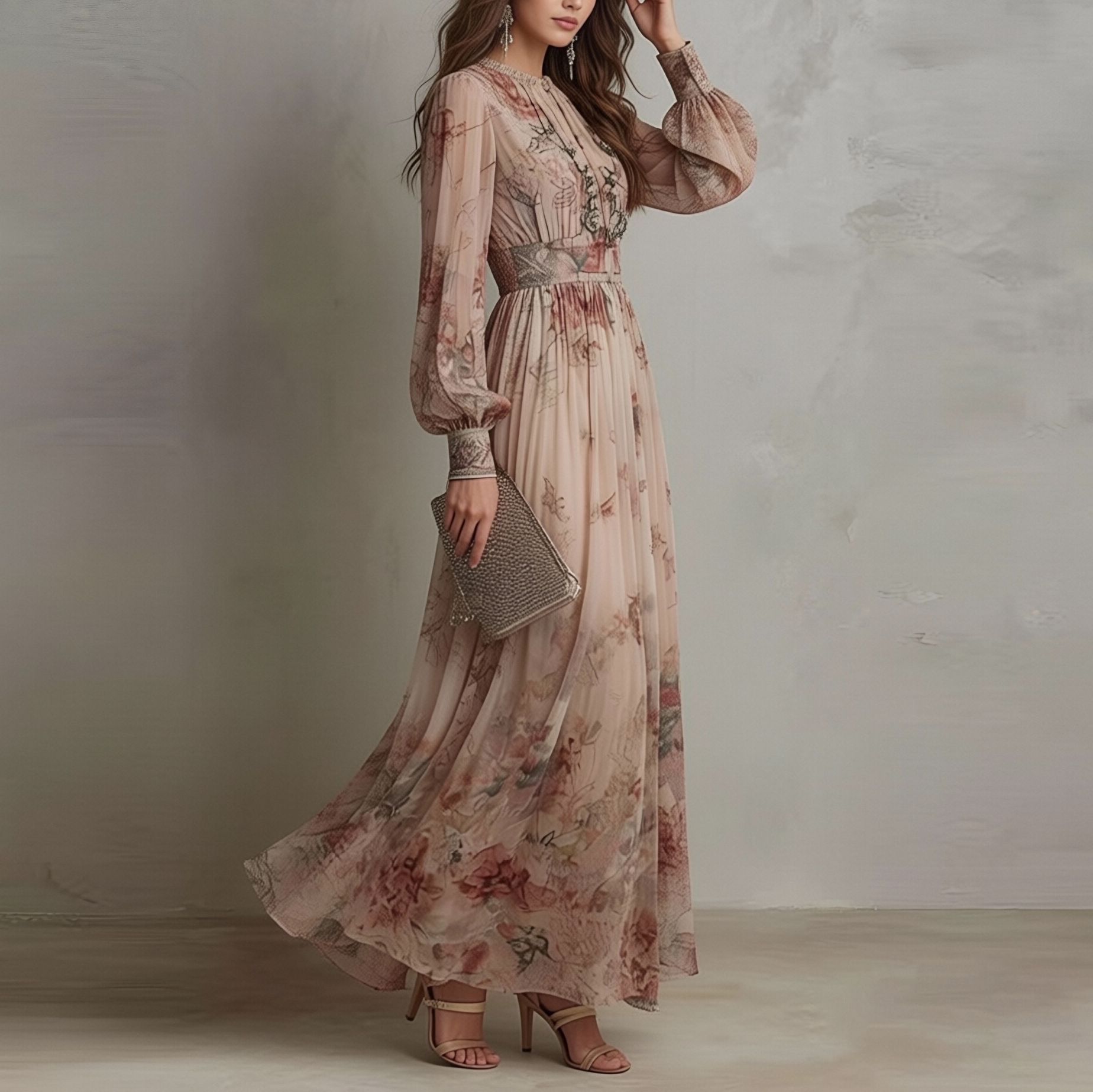 Women's Vintage Floral Print Long Sleeve Pleated Maxi Dress with Waist