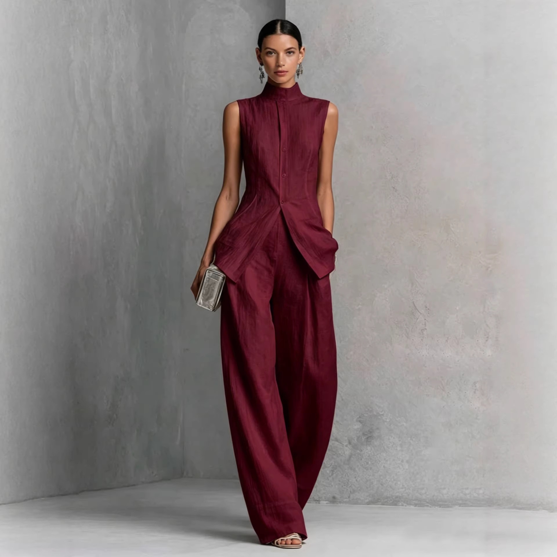 Sleeveless Cotton-Linen Shirt and Pants Set