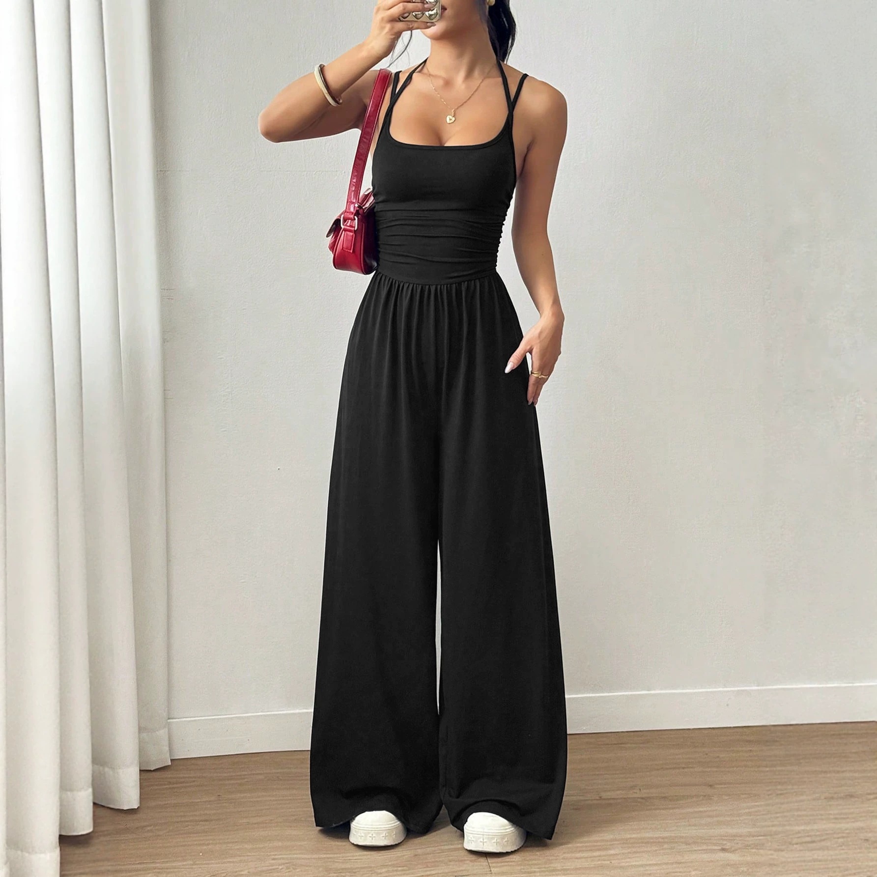 Women's Sleeveless Cami Wide-Leg Jumpsuit Casual Solid Color