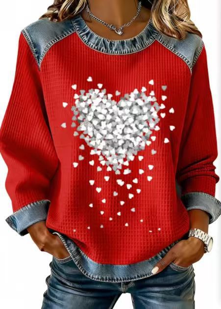 Women's Heart Print Crewneck Sweatshirt Casual Pullover