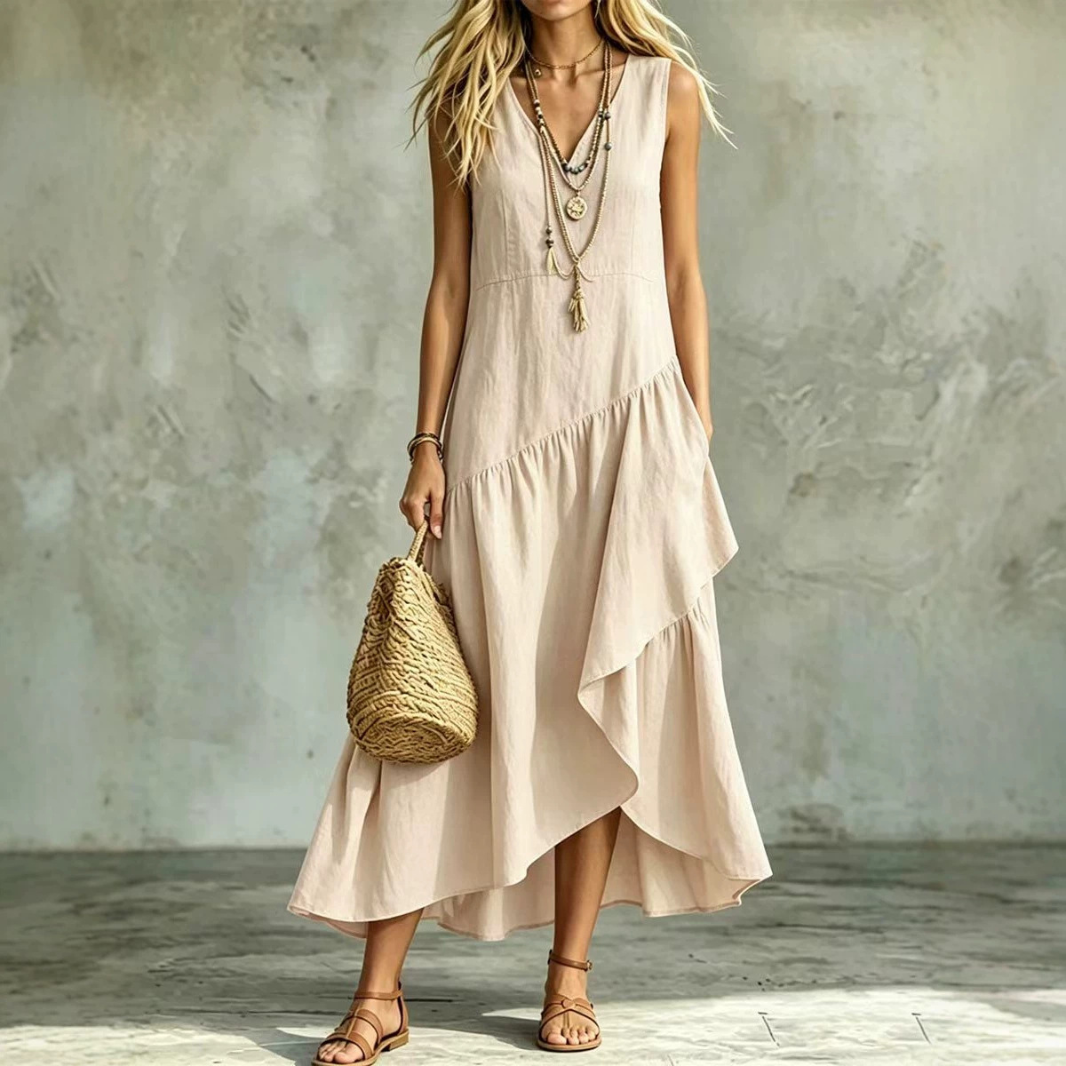Women's Sleeveless V-Neck A-Line Maxi Dress Loose Fit Boho