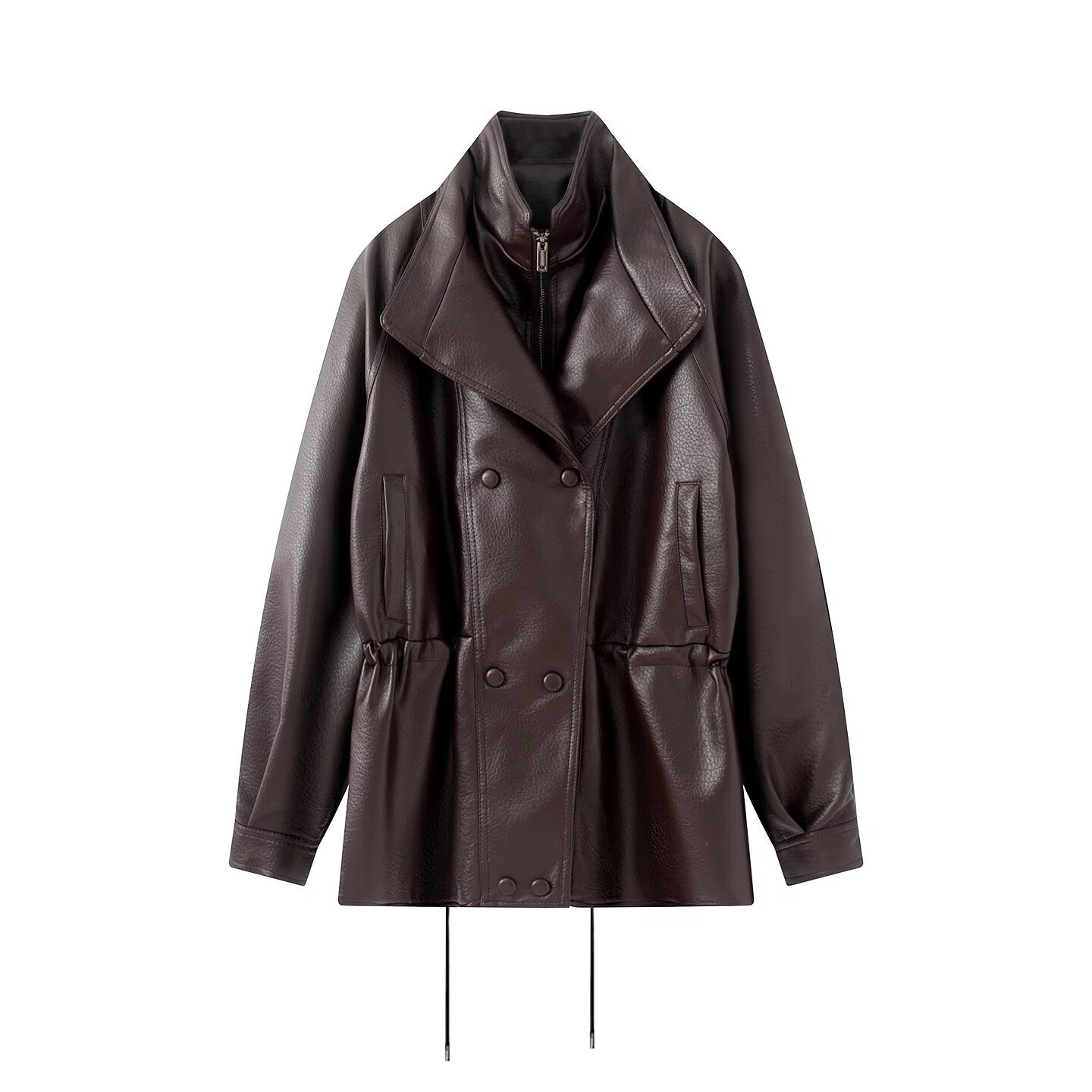 Women's Double-Layer Collar Zip-Up Cinched Waist Jacket