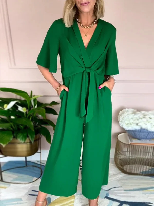 Women's Solid V-Neck Tie Short Sleeve Jumpsuit