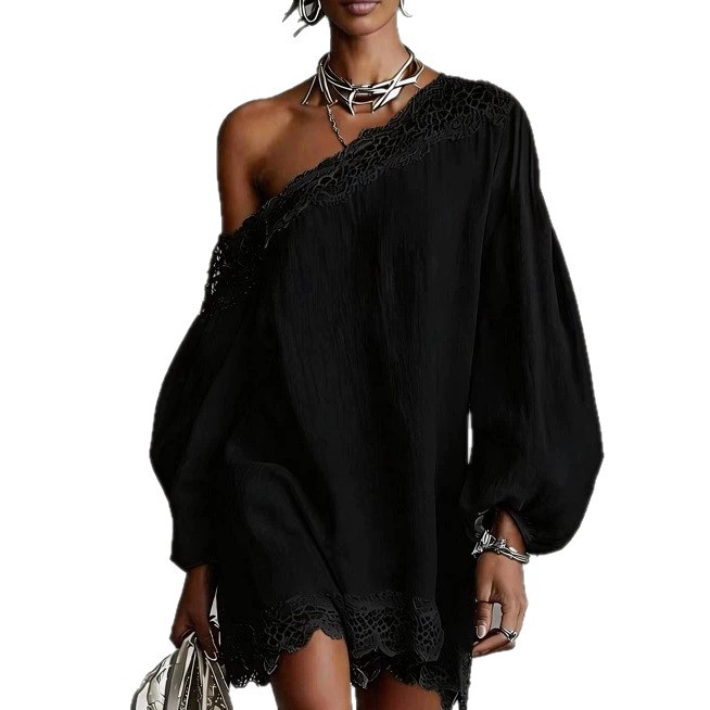 Women's Summer One-Shoulder Lace Trim Short Sleeve Casual Dress