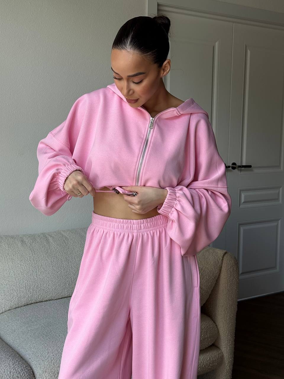 Women's Solid Color Zip-Up Hoodie and Drawstring Jogger Two-Piece Set