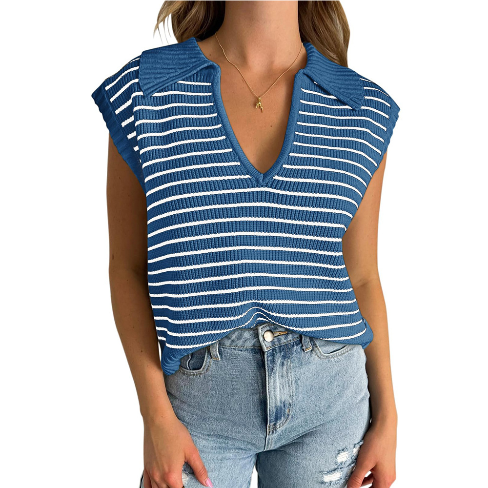 V-Neck Striped Knit Top with Collar